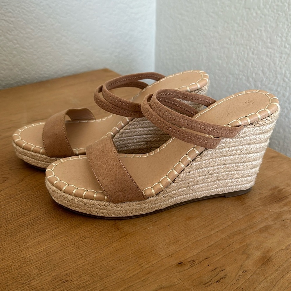 Nude Suede Stacked Wedges